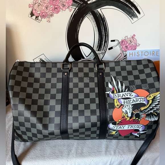NEW Ed Hardy Checkered Duffel Bag with Graphic Design